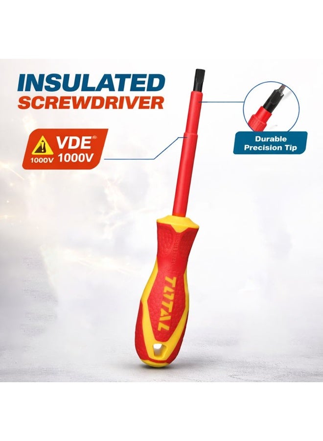 توتال مفك براغي معزول ذو رأس مسطح من توتال THTIS5125، يتحمل جهد 1000 فولت، معتمد من VDE EN IEC60900، أداة كهربائية احترافية، مزود بعمود معزول، رأس مسطح دقيق، مقبض مريح، مصنوع من فولاذ الكروم والفاناديوم عالي التحمل لأعمال الصيانة والإصلاح الكهربائية. - Image 1